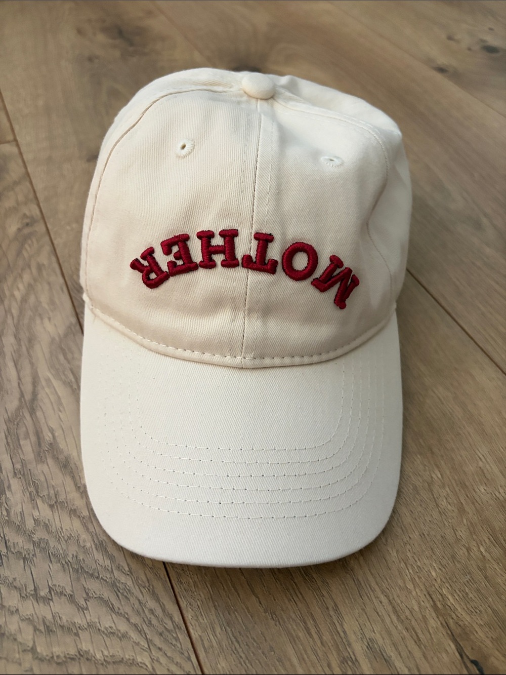 Cream Baseball Cap with Red "MOTHER" Embroidery